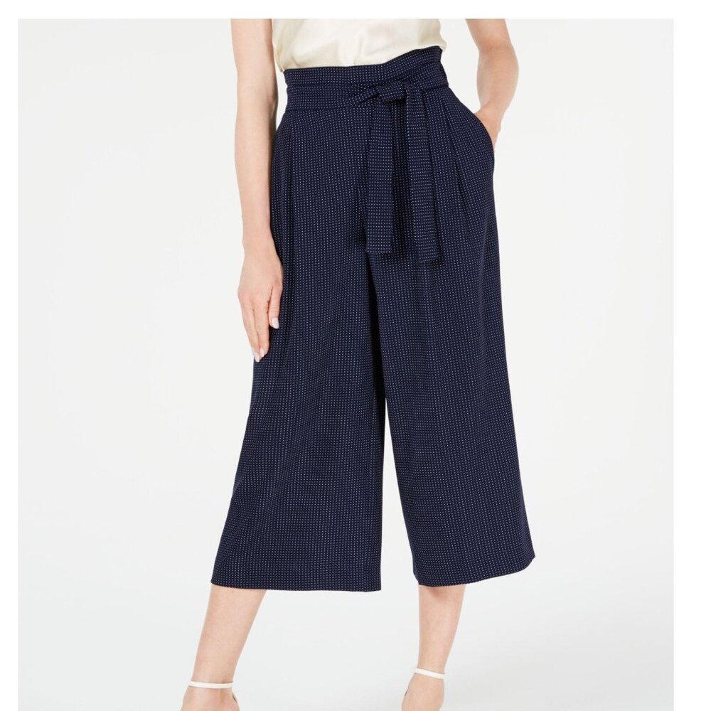 Anne Klein NEW Womens Wide Leg Crop Pull On With Tie Pants Sz L Black Polka Dot